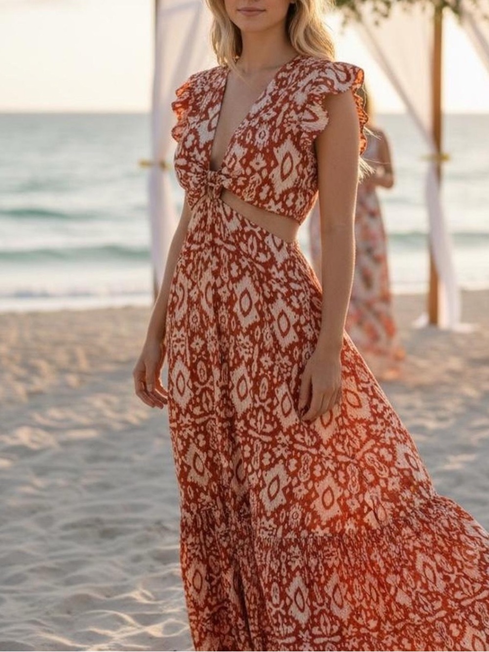 BB Dakota Rust and Cream Ikat Maxi Dress with Front Knot